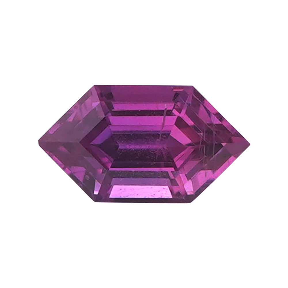 Vibrant plum purple elongated hexagonal step-cut loose gemstone.