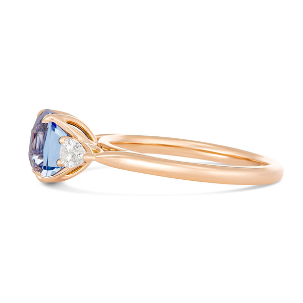Cornflower Blue Ceylon Sapphire Diamond Trilogy Ring Rose Gold