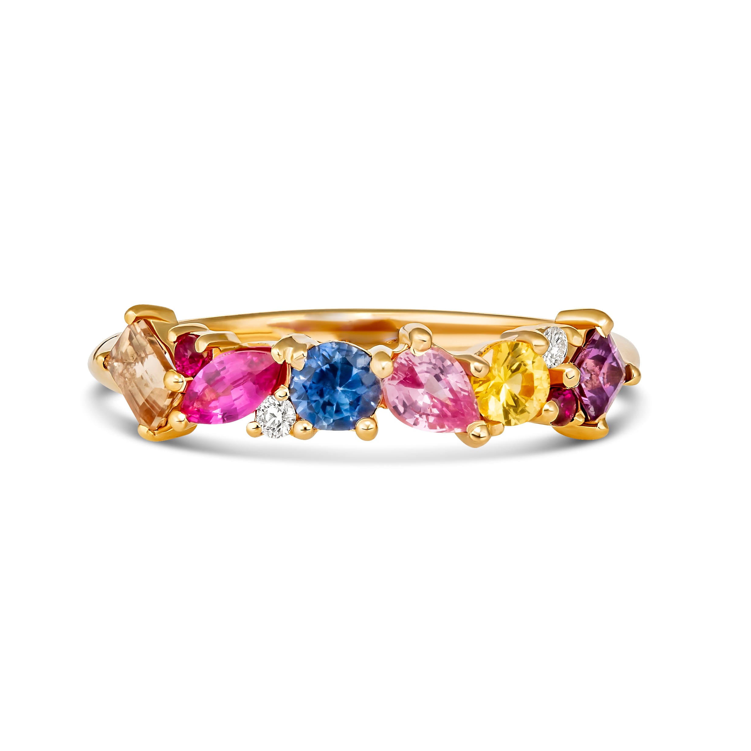 Frontal studio image of an alternating shape multi-colour sapphire and diamond prong ring