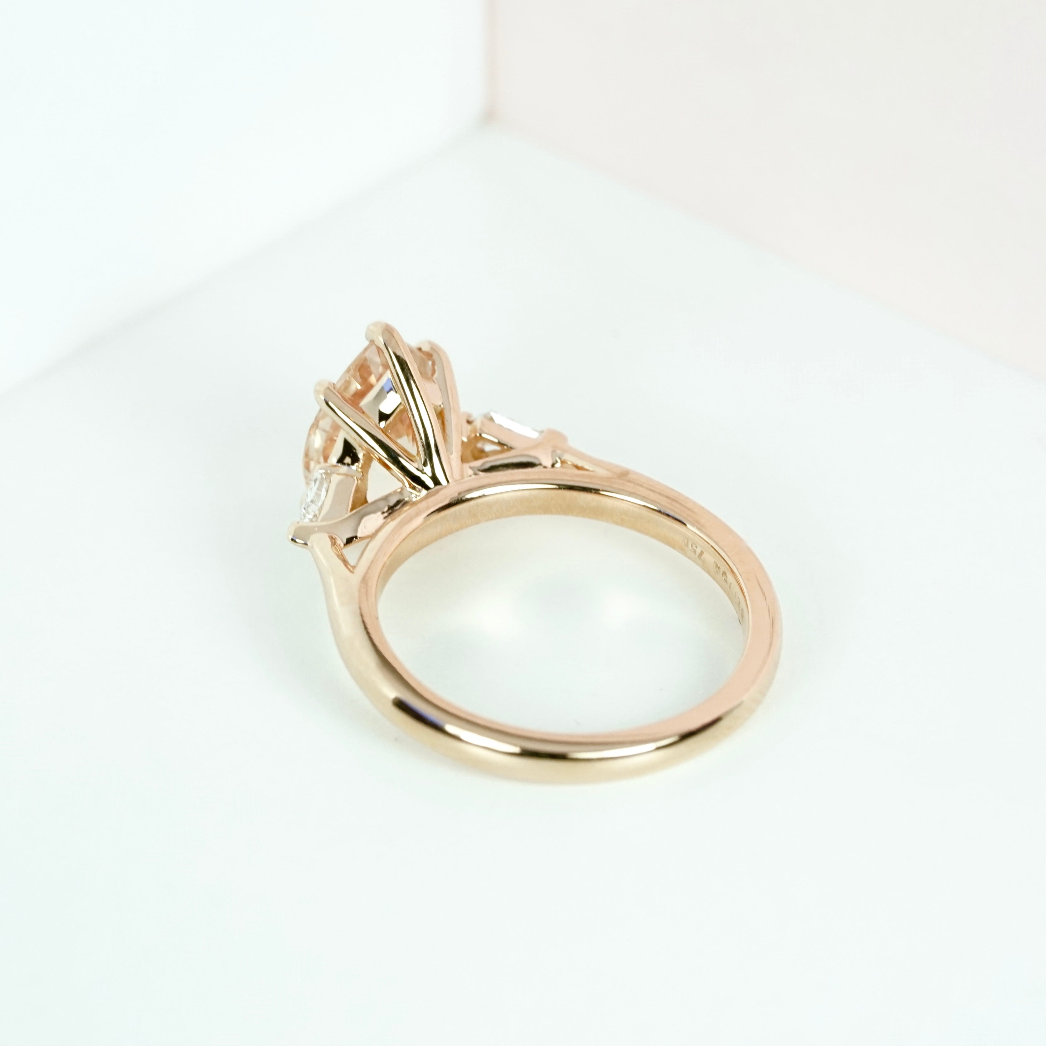 Peach Pear Sapphire Kite Diamond Trilogy Ring Rose Gold