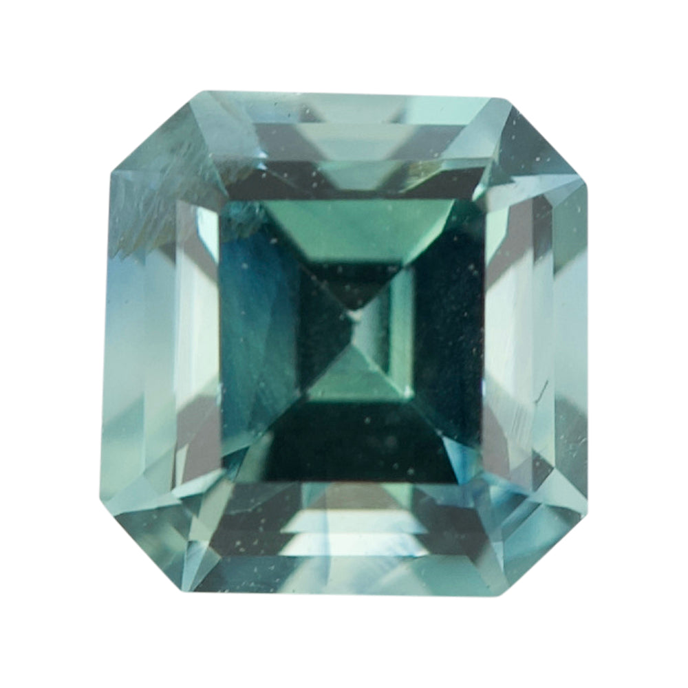 Square emerald-cut mint green loose gemstone with clean truncated corners.