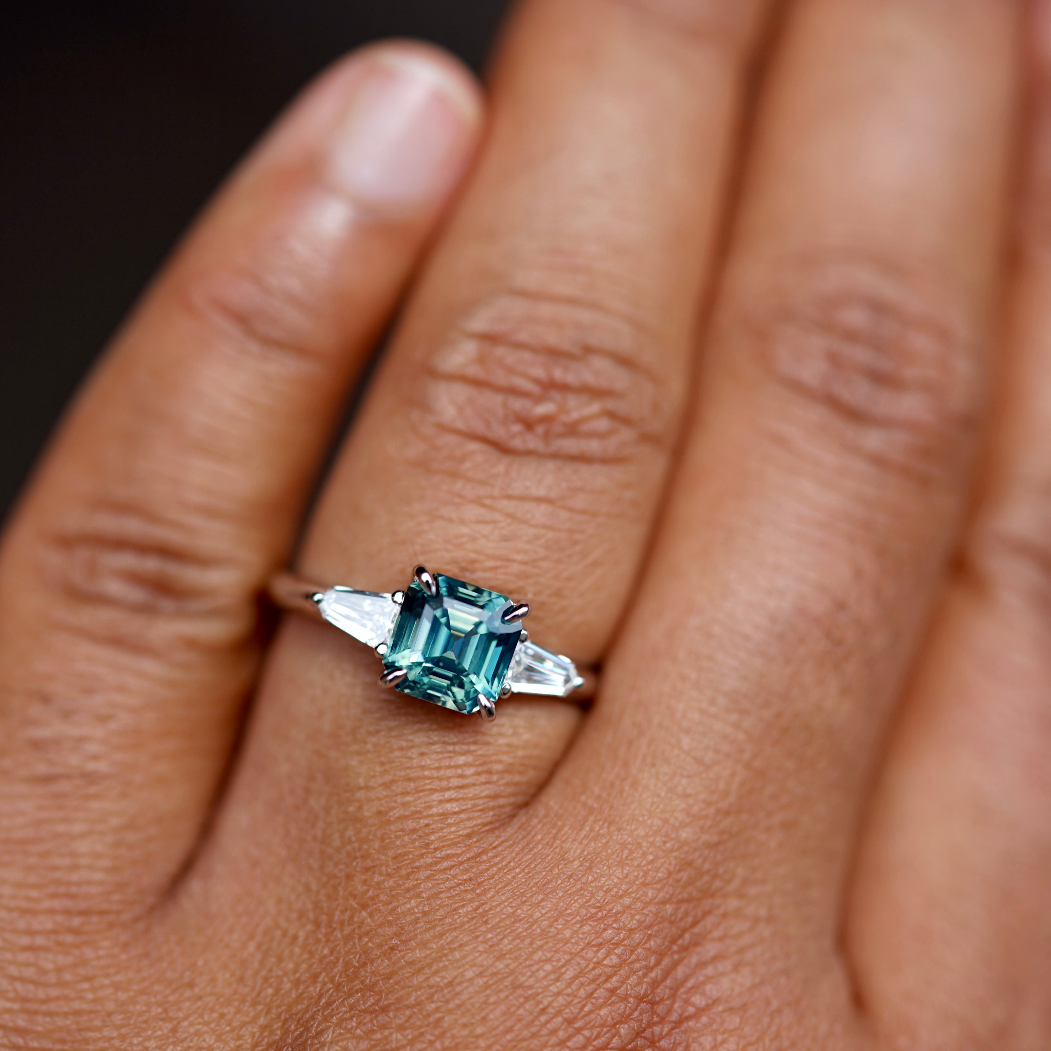 Natural Teal Green Sapphire and Diamond Trilogy Ring