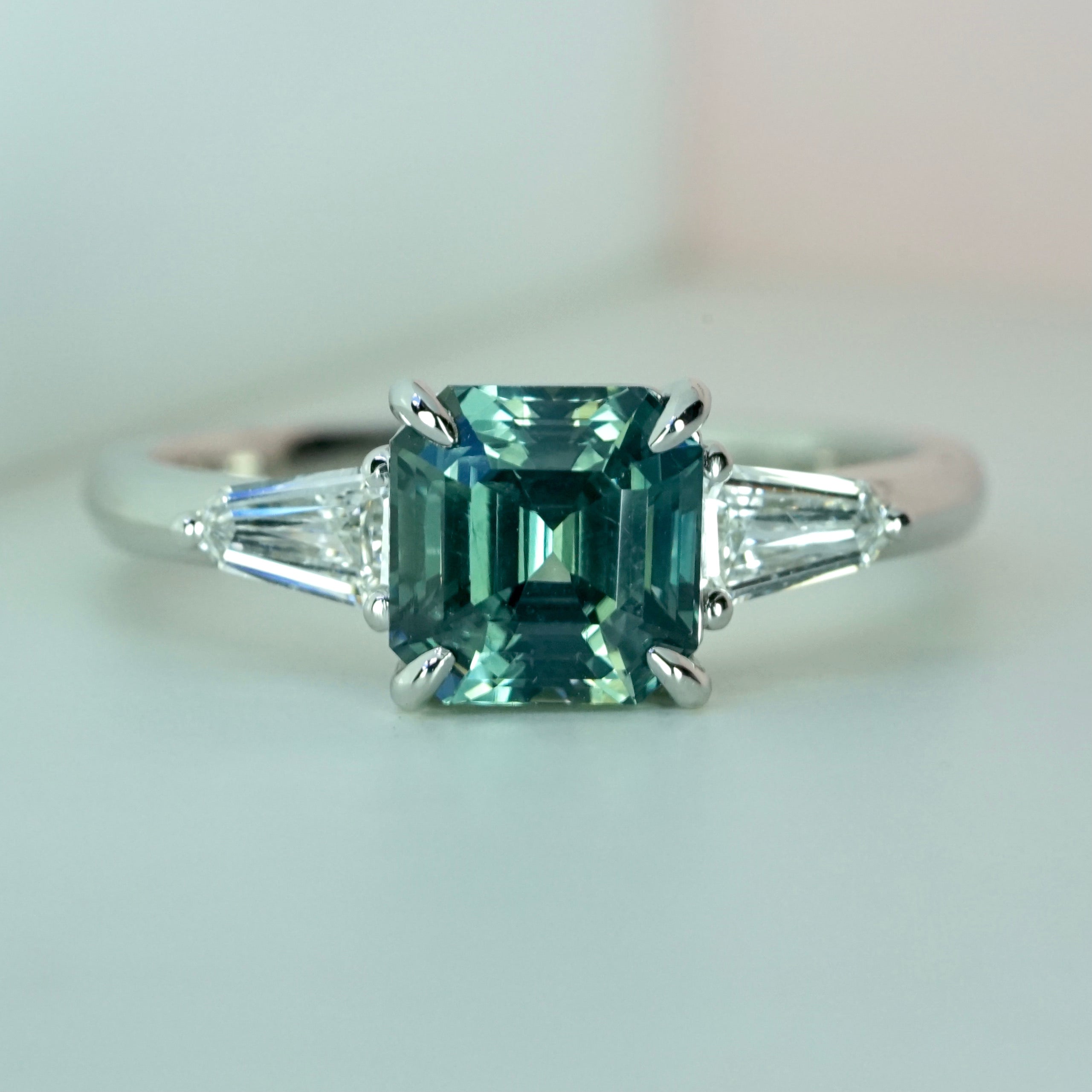 Natural Teal Green Sapphire and Diamond Trilogy Ring