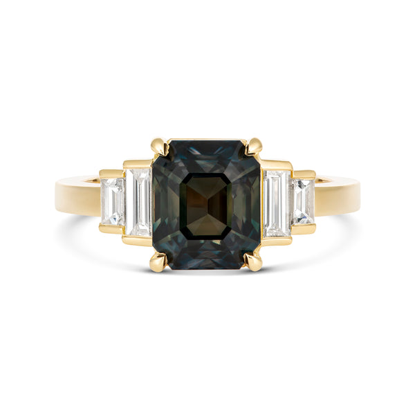 Teal Sapphire Diamond Art Deco Style Ring