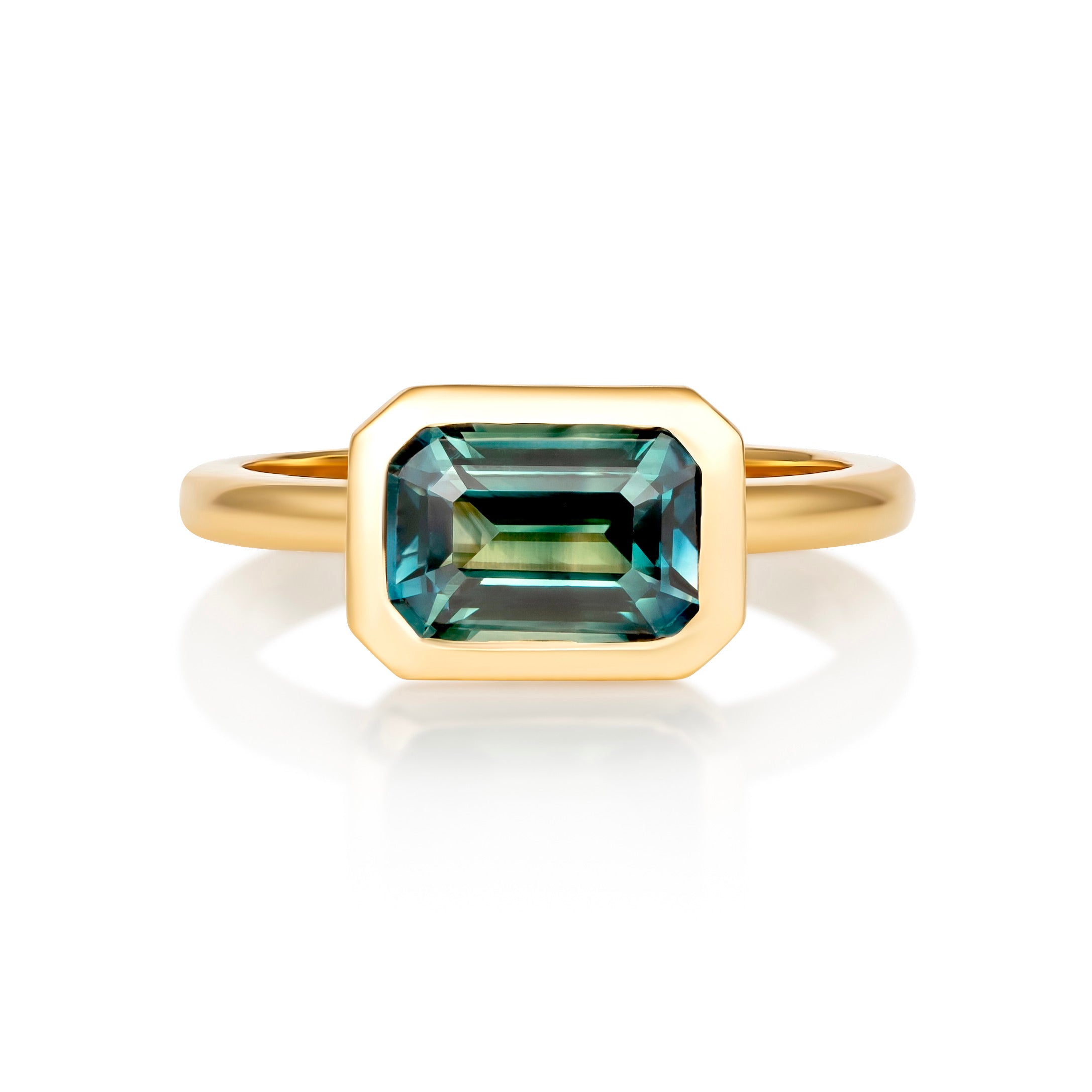 teal green sapphire emerald cut bezel set ring