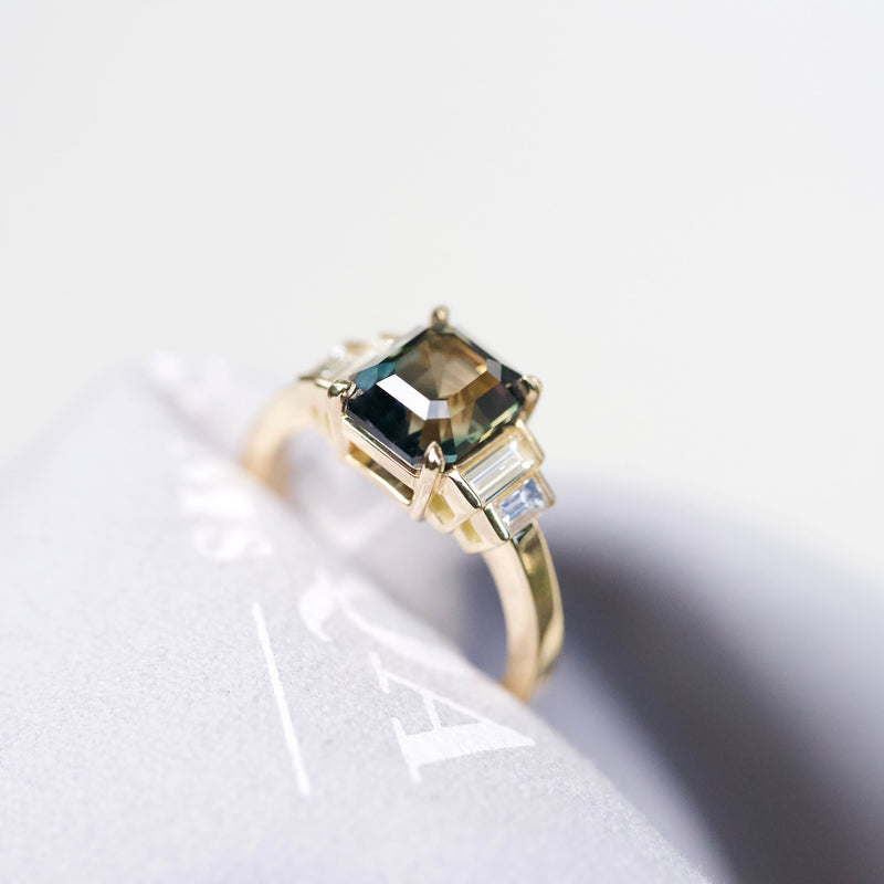 Teal Sapphire Diamond Art Deco Style Ring