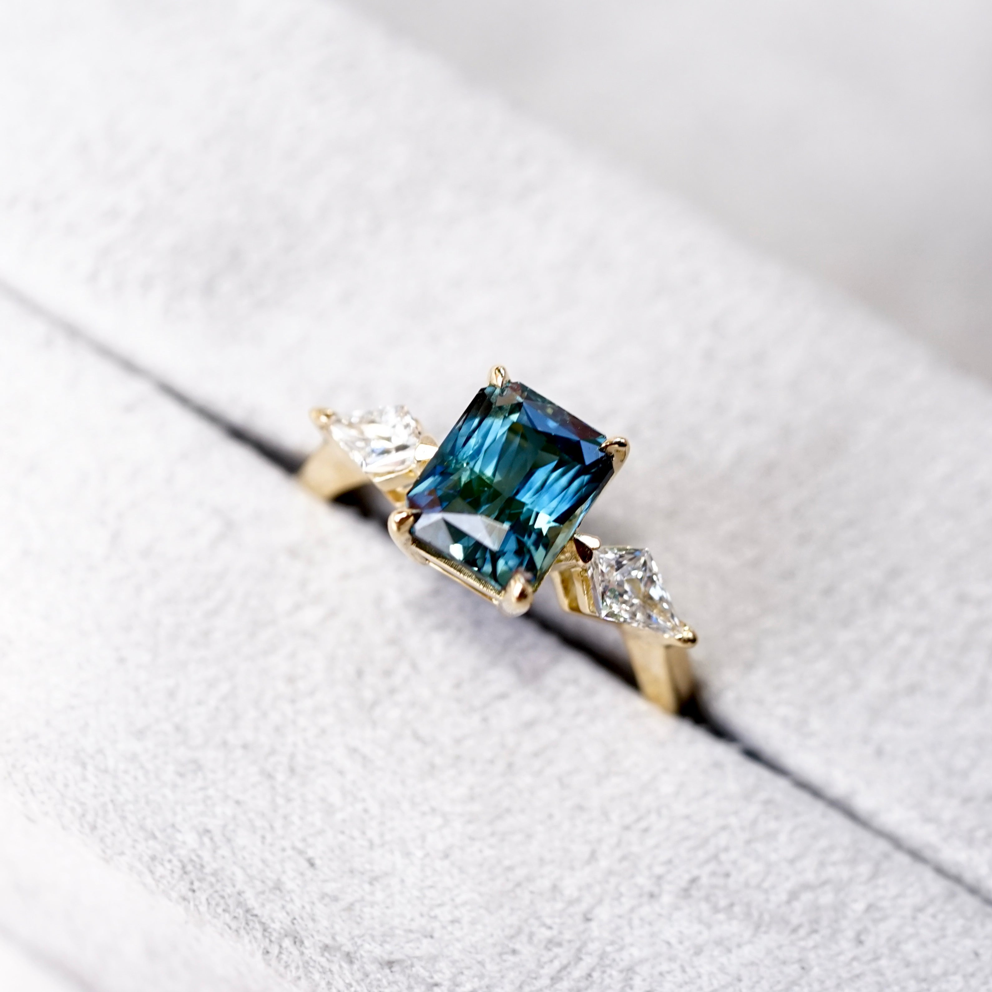 Teal Sapphire Kite Diamond Trilogy Engagement Ring