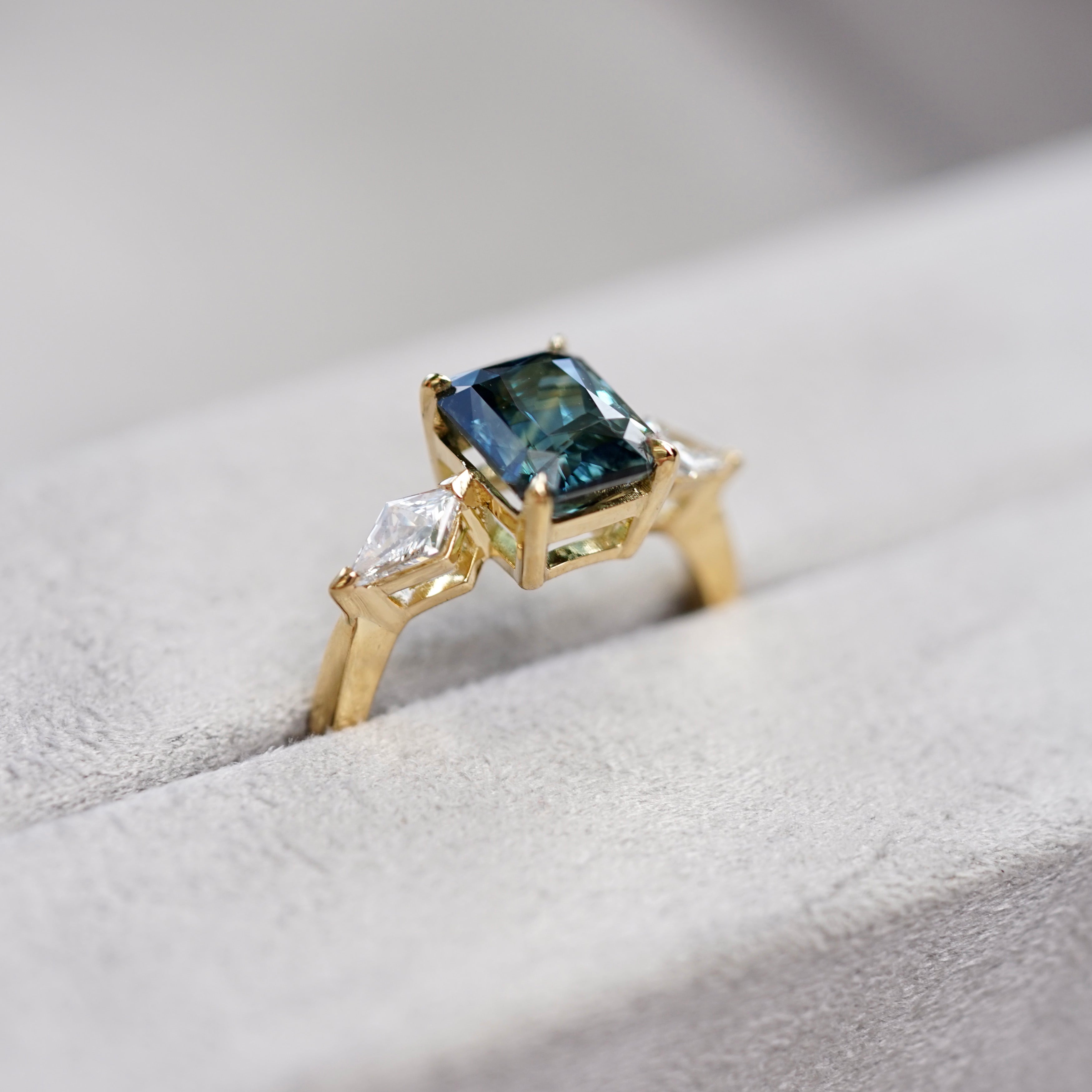 Teal Sapphire Kite Diamond Trilogy Engagement Ring