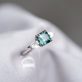 Natural Teal Green Sapphire and Diamond Trilogy Ring