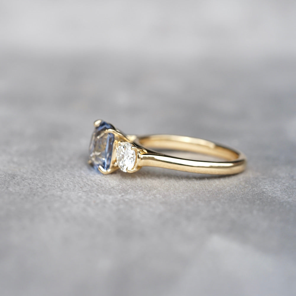 Vivid Sky Blue Cushion Sapphire and Diamond Trilogy Ring and Studs