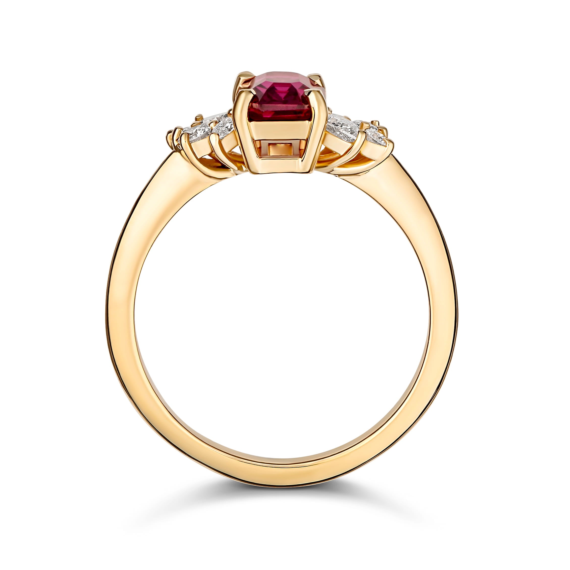 Frontal studio shot of an emerald cut red ruby ring flanked by asymmetric diamond clusters
