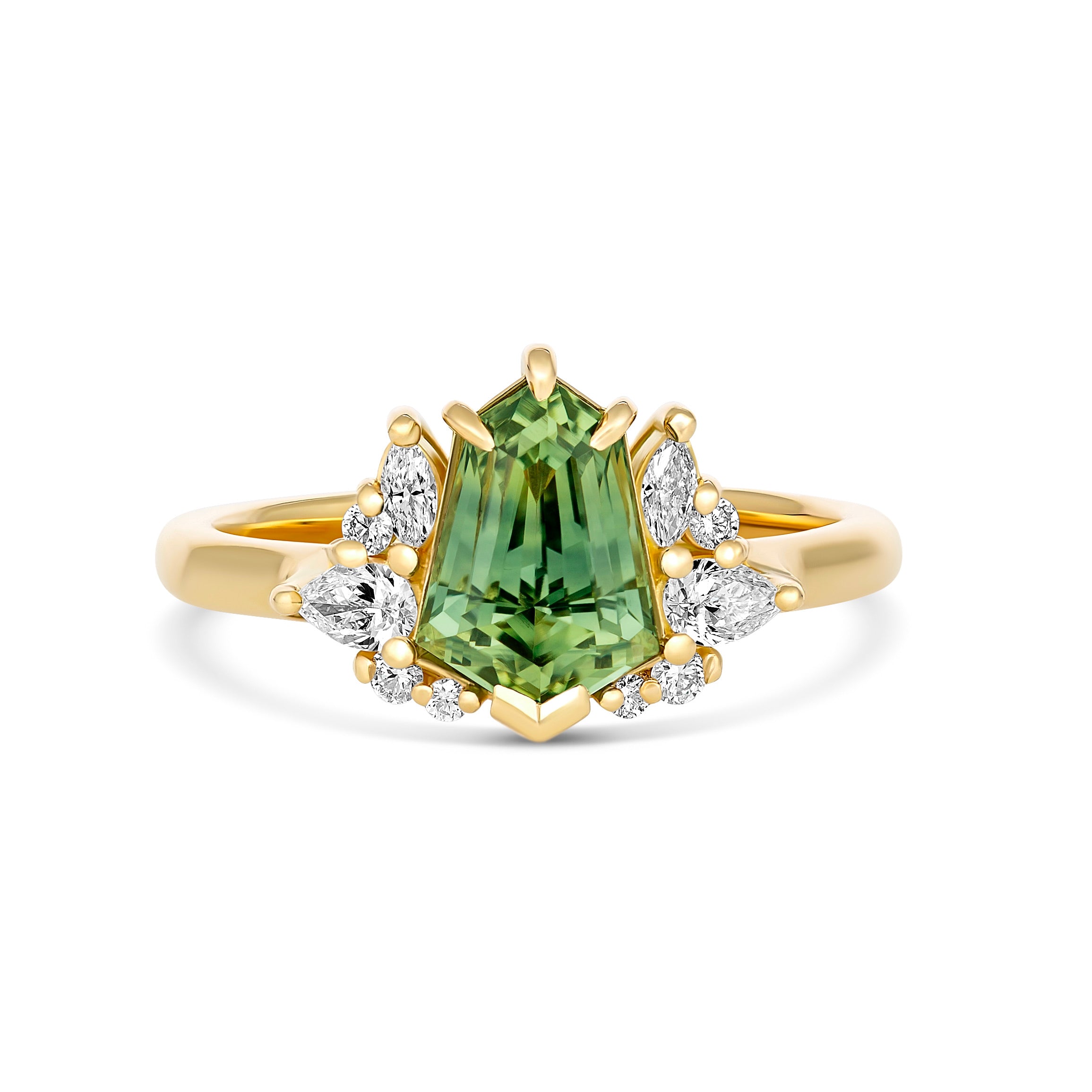 Unique Fancy Cut Green Sapphire Cluster Diamond Ring