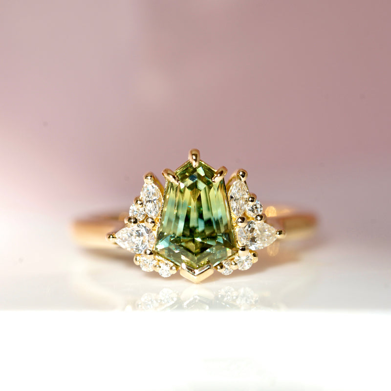 Unique Fancy Cut Green Sapphire Cluster Diamond Ring