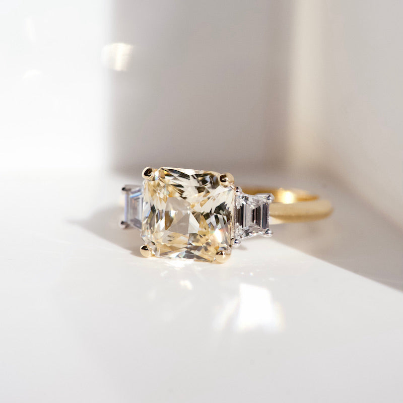 Yellow Sapphire Diamond Trapezoid Trilogy Engagement Ring