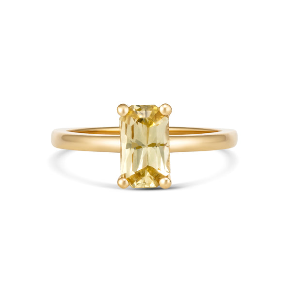 Emerald cut yellow sapphire ring in 18k gold, top view