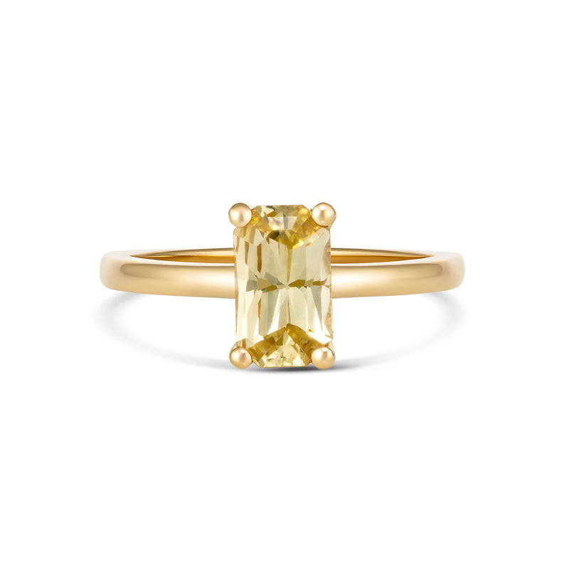 Emerald cut yellow sapphire ring in 18k gold, top view