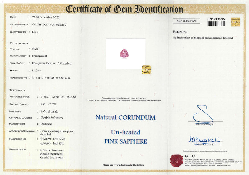 1.10 ct Pink Sapphire Trillion Natural Unheated Gemstones