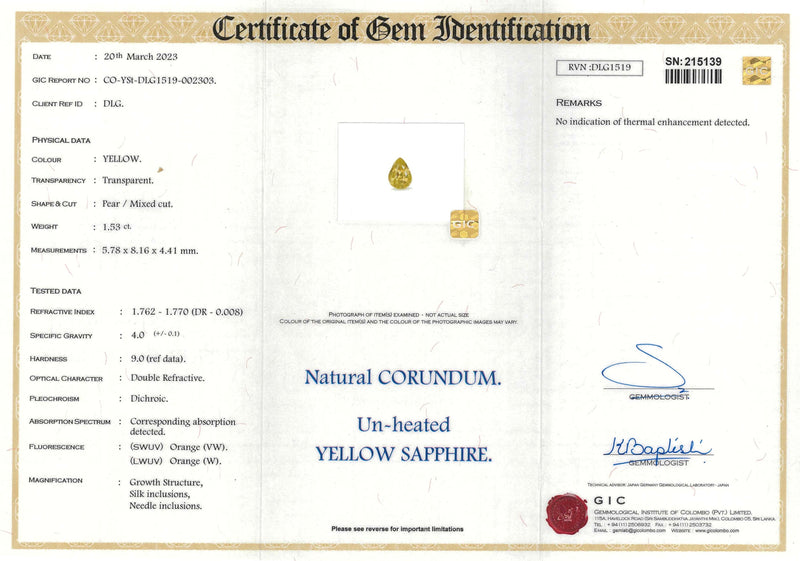 1.53 ct Yellow Sapphire Pear Shape Natural Unheated Gemstones