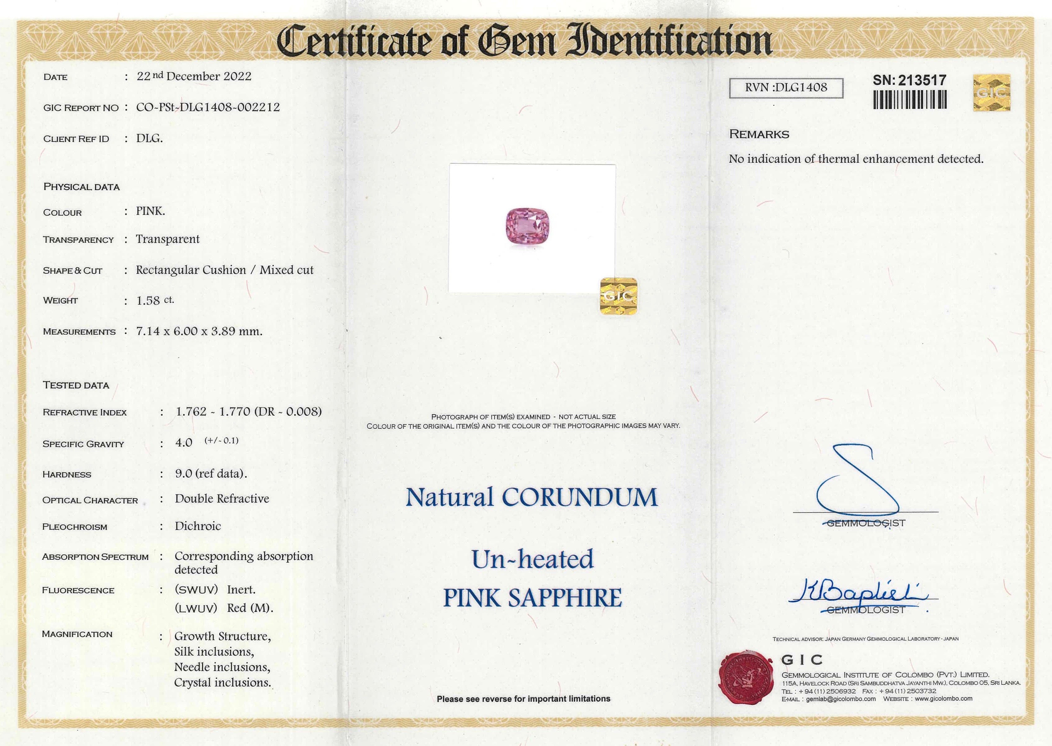 1.58 ct Pink Sapphire Cushion Shape Natural Unheated Gems