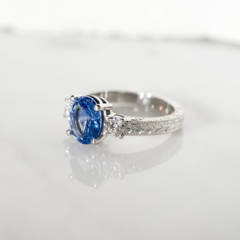Ceylon Blue Sapphire Engraved Trilogy Ring