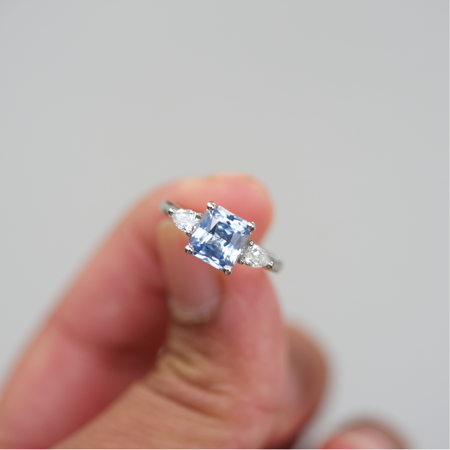 Ceylon Sky Blue Sapphire Diamond Trilogy Engagement Ring