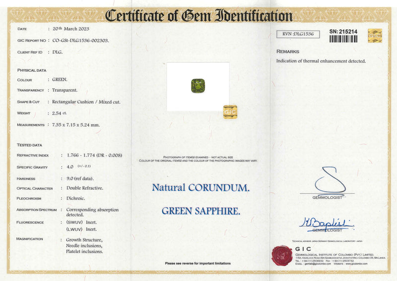 2.54 ct Green Sapphire Cushion Shape Natural Heated Gems