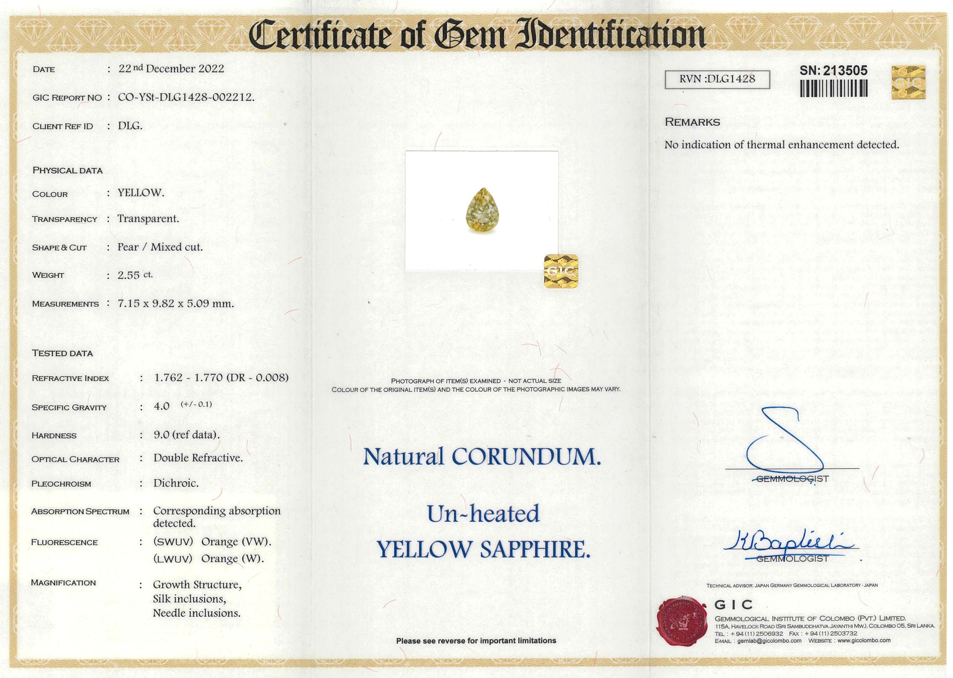2.55 ct Champagne Yellow Sapphire Pear Natural Unheated Gems