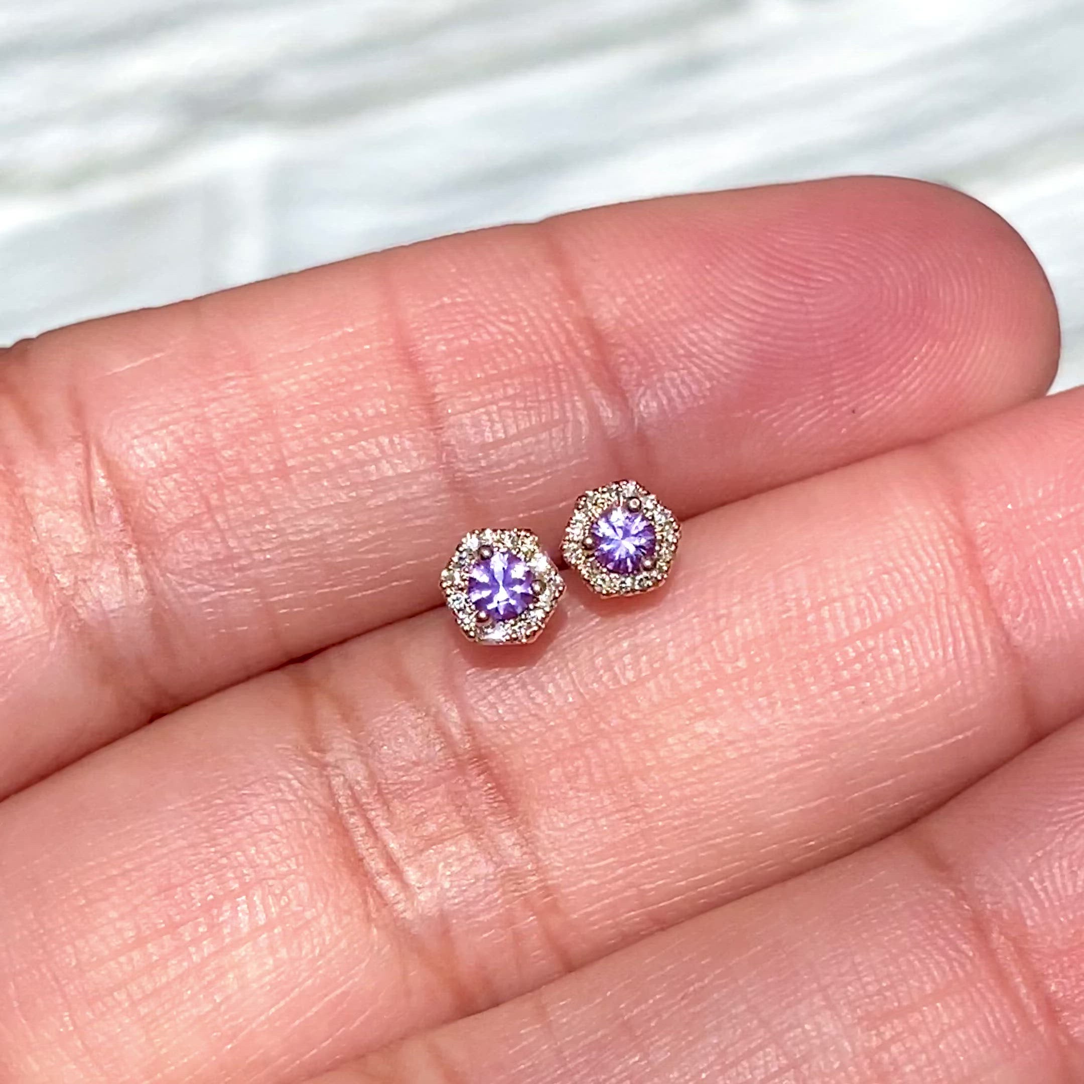 PETRA Mini Purple Sapphire Hexagon Diamond Halo Stud Earrings in 18k Gold