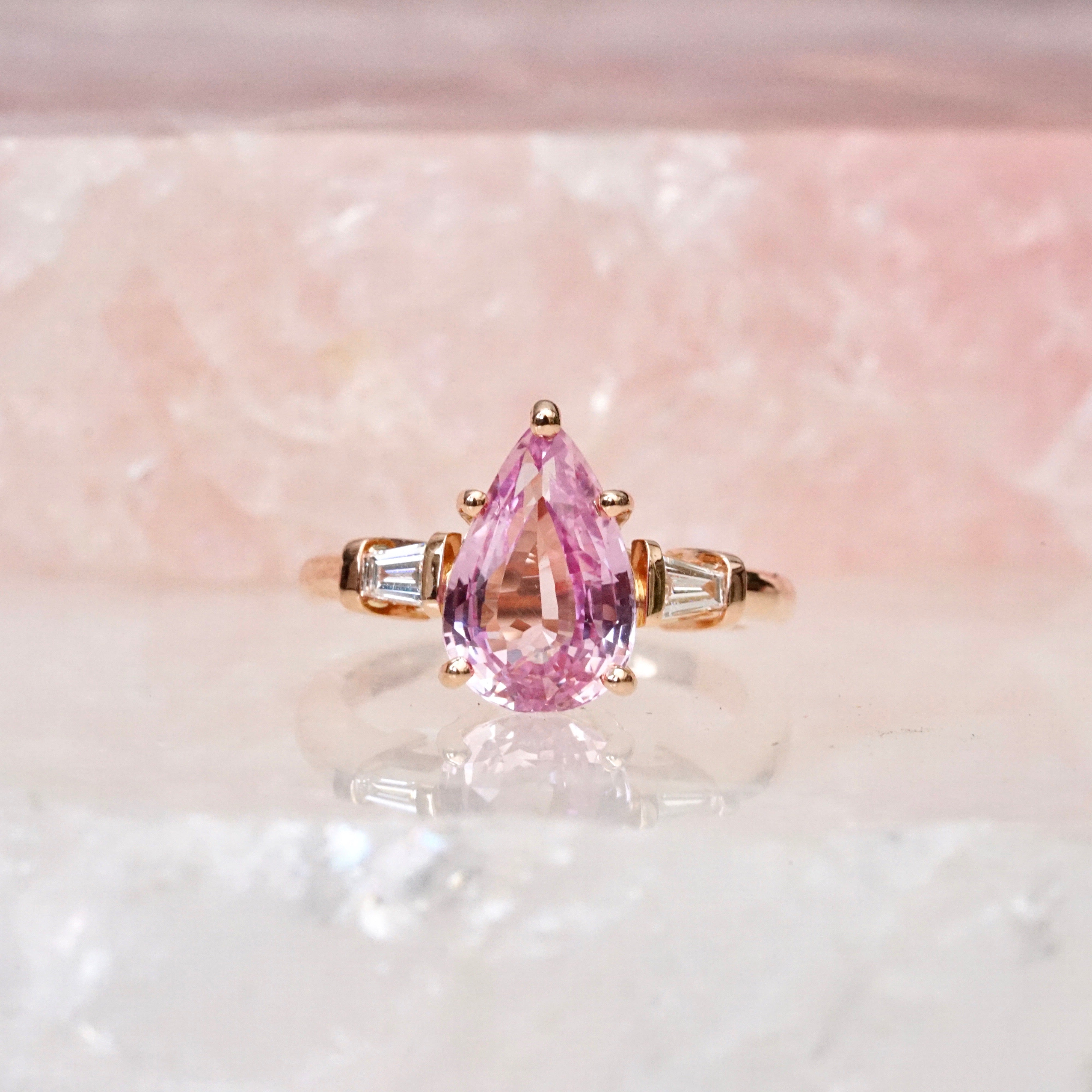 Pear Pink Sapphire Engagement Ring Rose Gold Trilogy