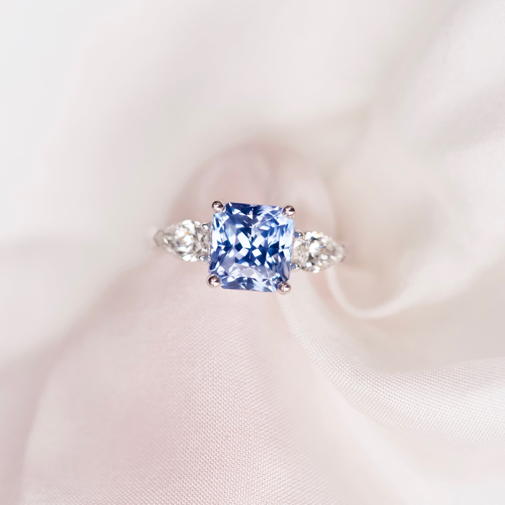 Ceylon Blue Sapphire Trilogy Engagement Ring