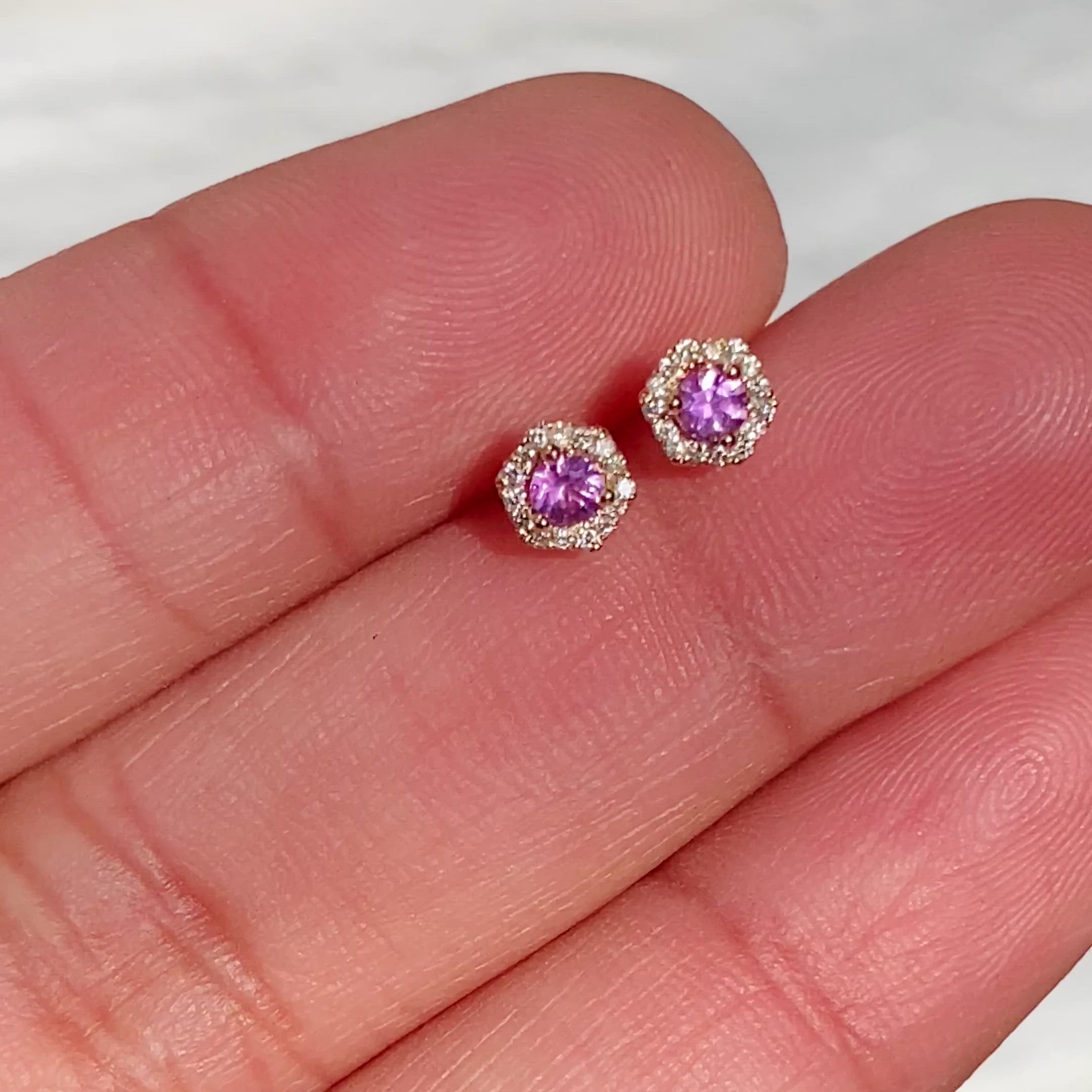 PETRA Mini Pink Sapphire Diamond Halo Studs in 18k Gold