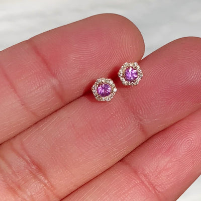 PETRA Mini Pink Sapphire Diamond Halo Studs in 18k Gold