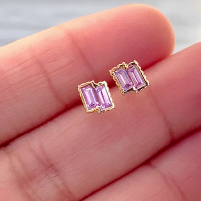 PETRA 18k Yellow Gold Pink Sapphire Baguette Stud Earrings