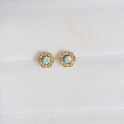 PETRA Mini Green Sapphire Diamond Halo Studs in 18k Gold


