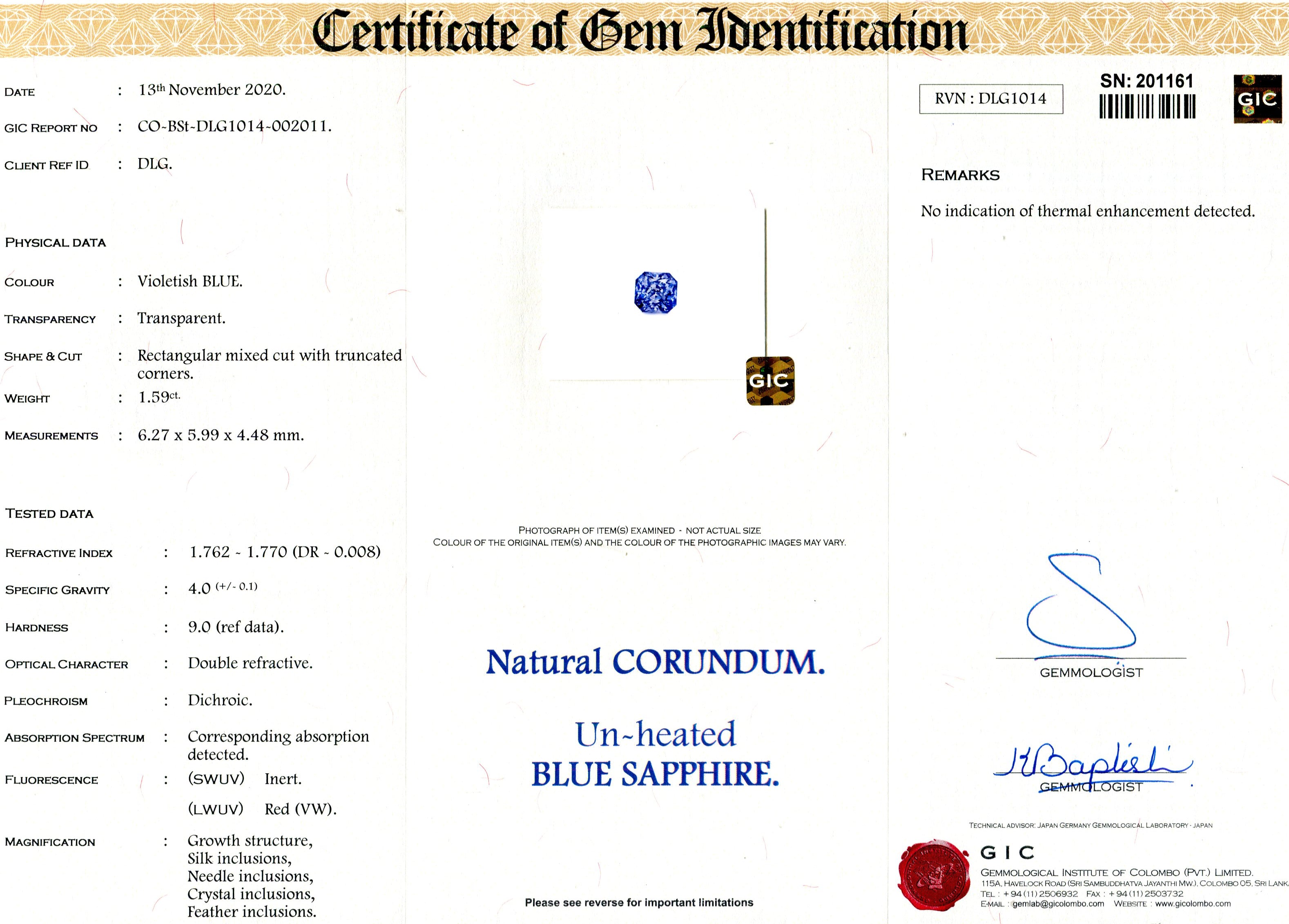 1.59 ct Blue Sapphire Radiant Cut Unheated Ceylon