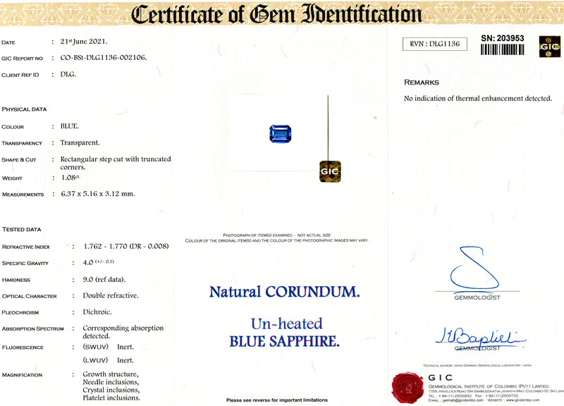 1.08 ct Blue Sapphire Emerald Cut Natural Unheated