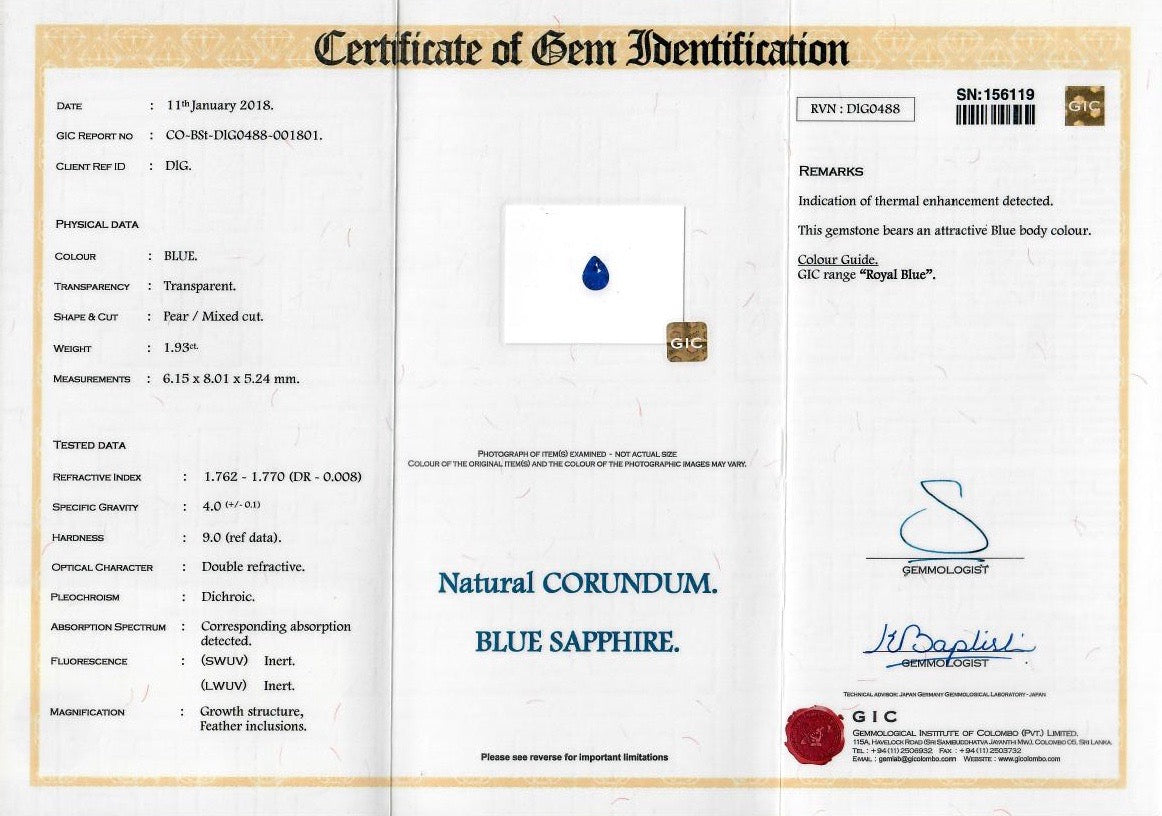 1.93 ct Royal Blue Pear Sapphire Heated
