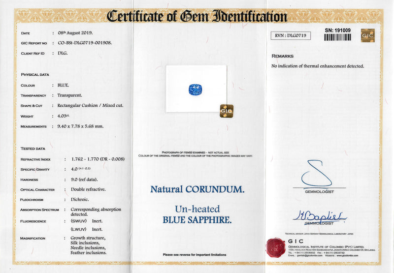 4.03 ct Cornflower Blue Cushion Cut Natural Ceylon Sapphire Certified Unheated