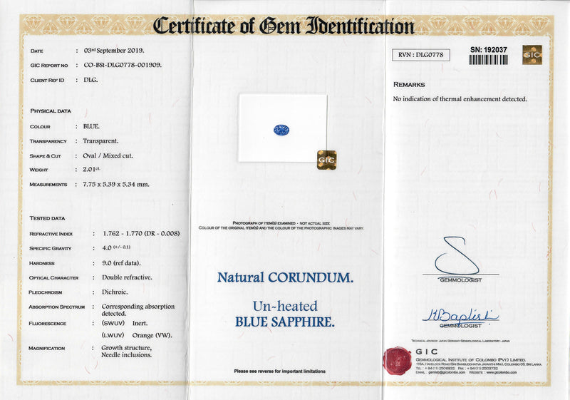 2.01 ct Oval Ceylon Medium Blue Natural Sapphire Unheated Certified
