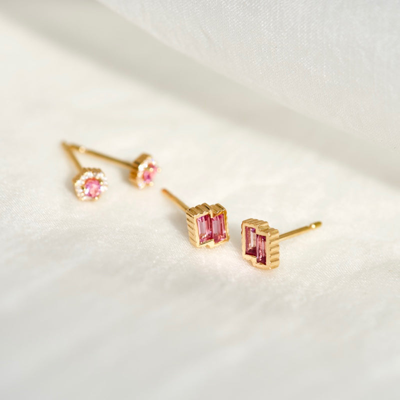 PETRA Pink Sapphire Twin Baguette Stud Earrings in 18k Yellow Gold