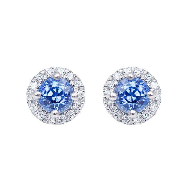 Blue Sapphire Diamond Halo Earrings | 18k Gold Luxury Earrings