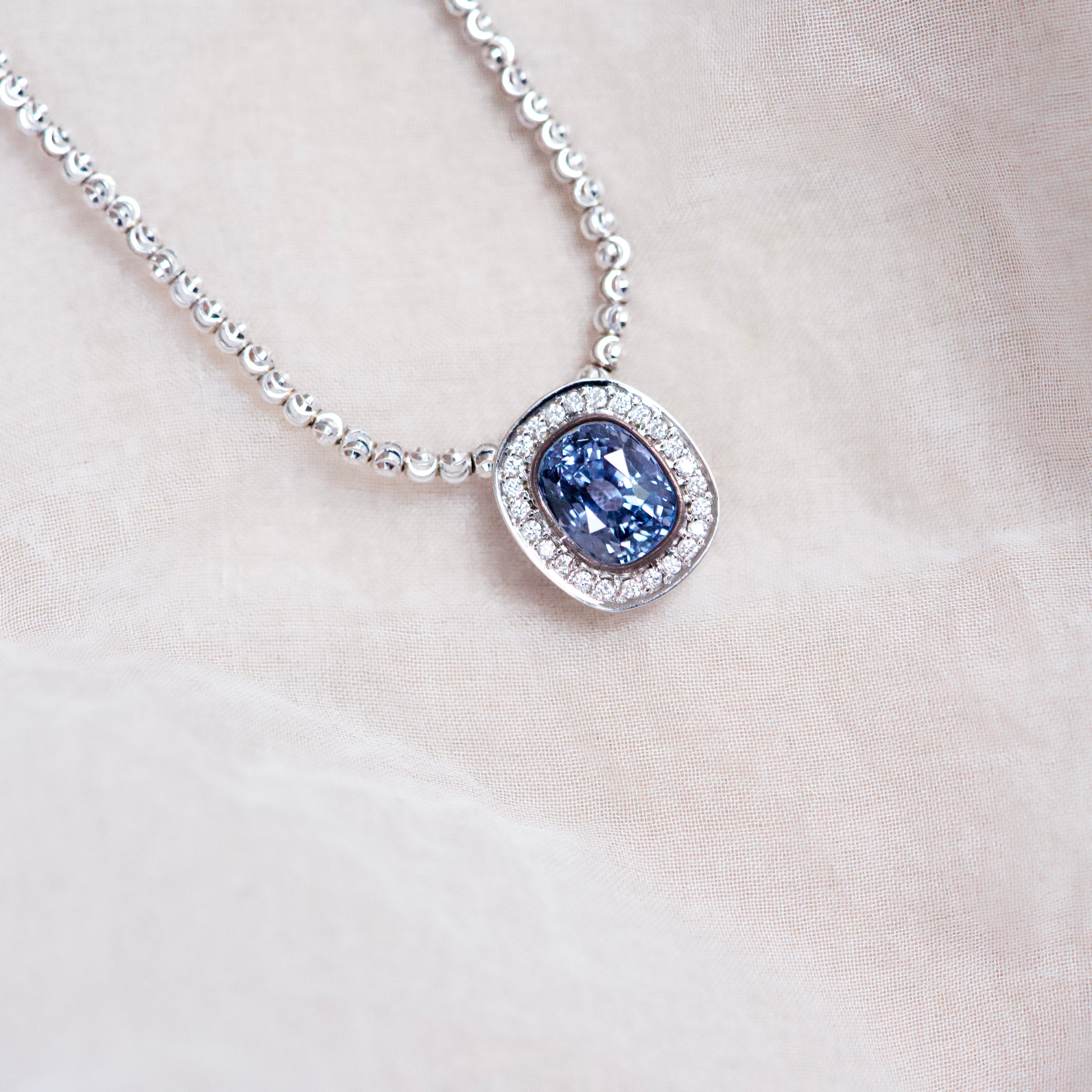 Large Ceylon Blue Sapphire Cushion Diamond Halo White Gold Pendant