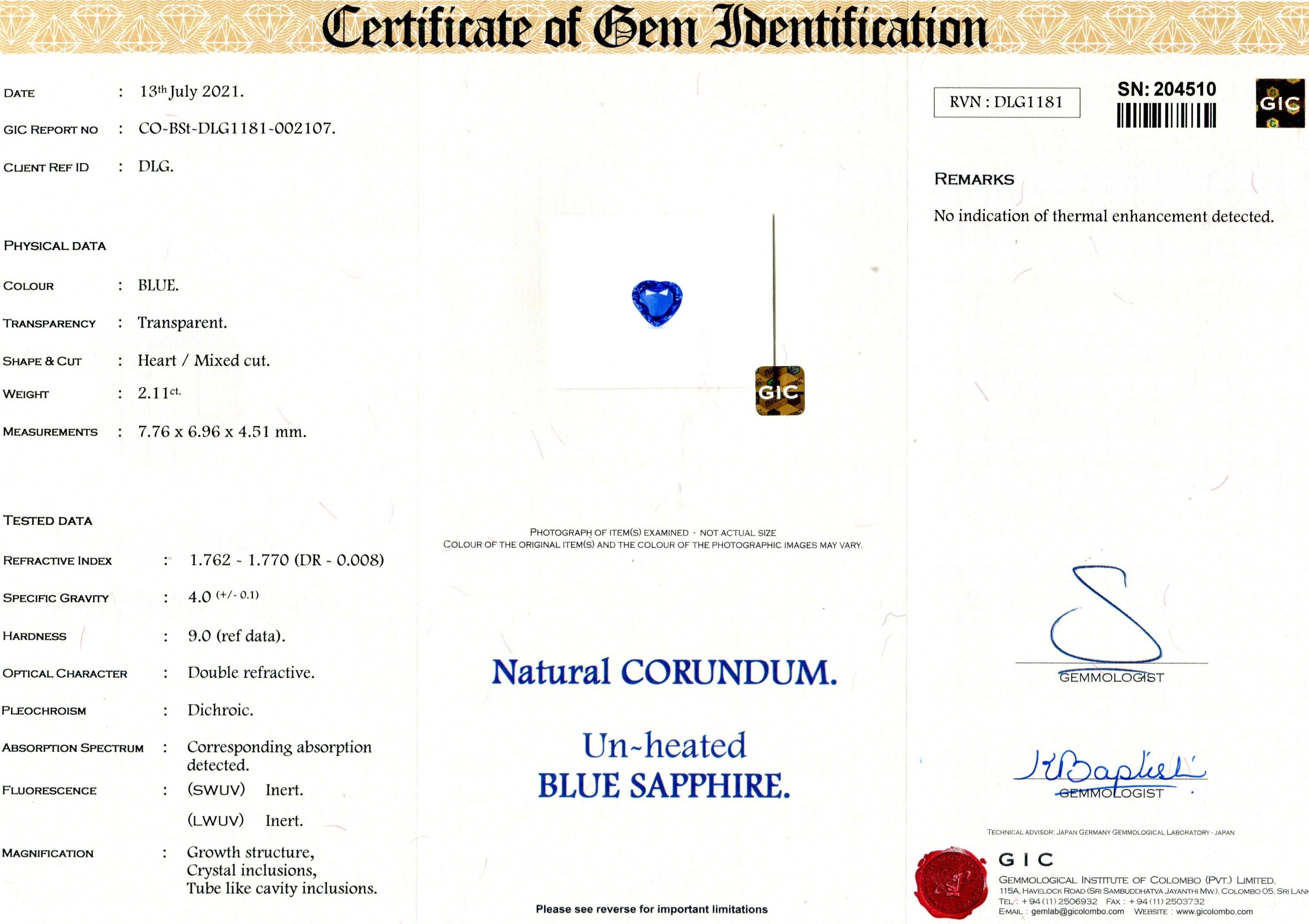 2.11 ct Vivid Cornflower Blue Sapphire Heart Certified Unheated