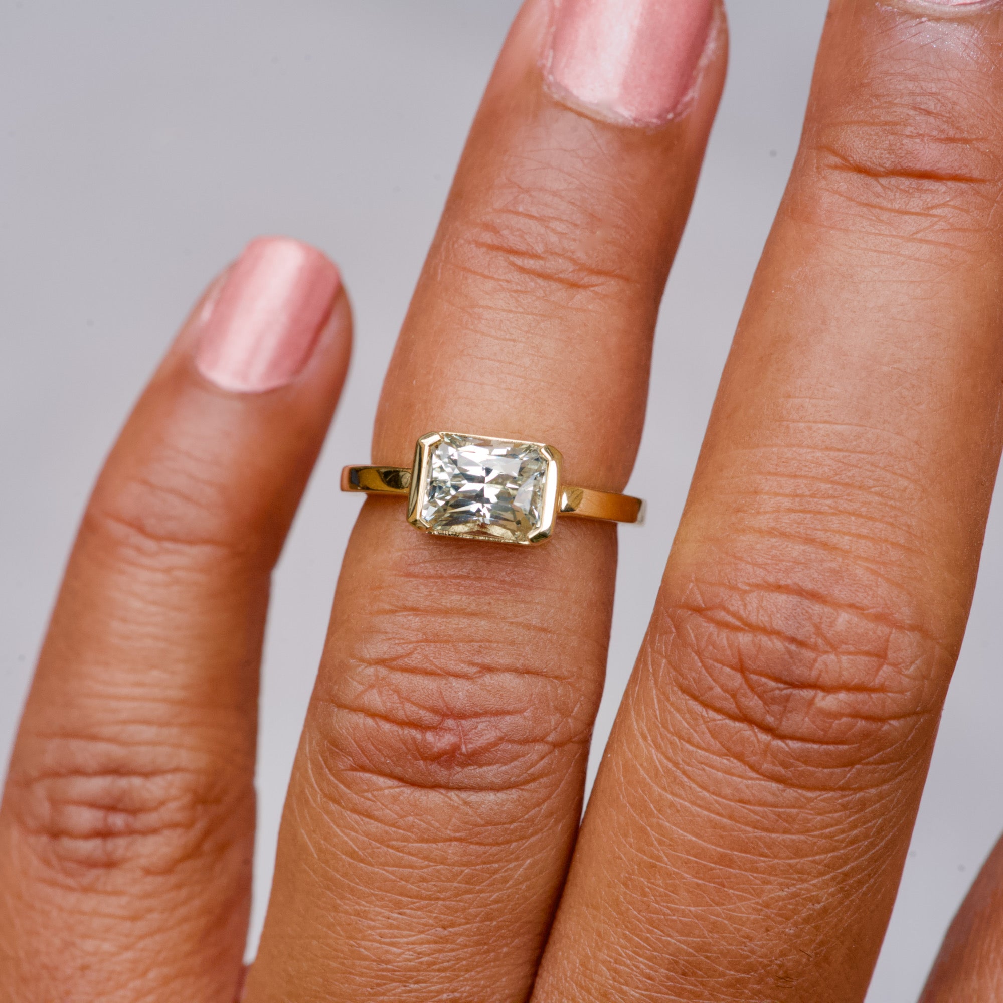 Solitaire East West Gold Engagement Ring Mint Green Sapphire
