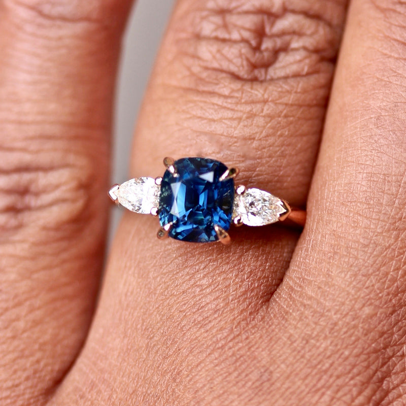 Teal Blue Cushion Sapphire Rose Gold Engagement Ring