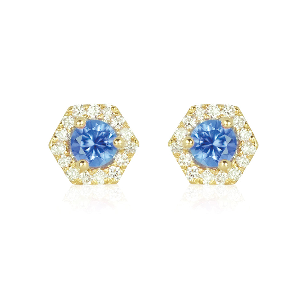 PETRA Mini Blue Sapphire Diamond Halo Studs in 18k Gold

