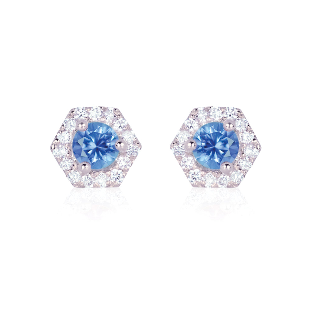 PETRA Mini Blue Sapphire Diamond Halo Studs in 18k Gold

