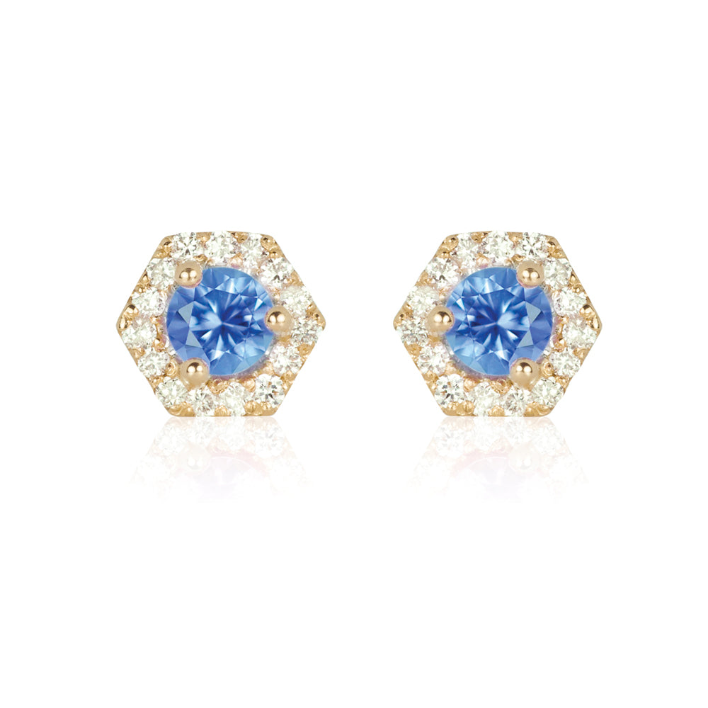 PETRA Mini Blue Sapphire Diamond Halo Studs in 18k Gold


