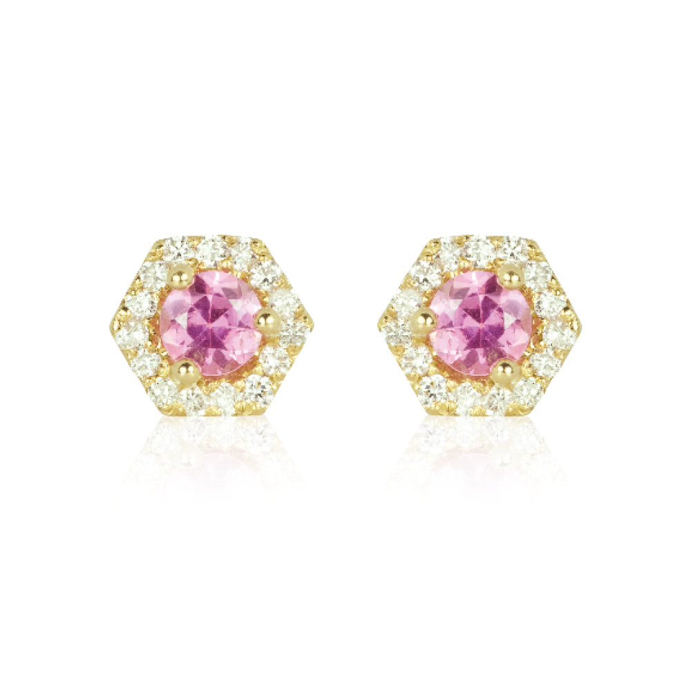 PETRA Mini Pink Sapphire Diamond Halo Studs in 18k Gold