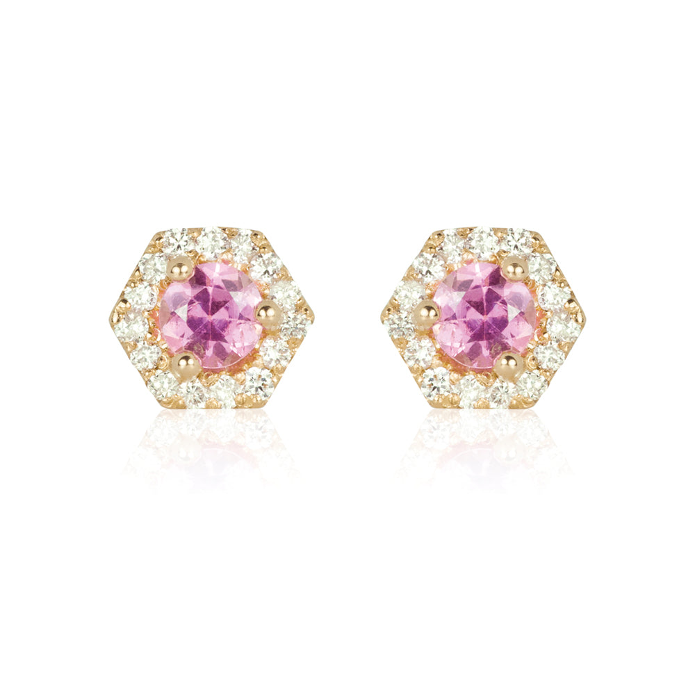PETRA Mini Pink Sapphire Diamond Halo Studs in 18k Gold